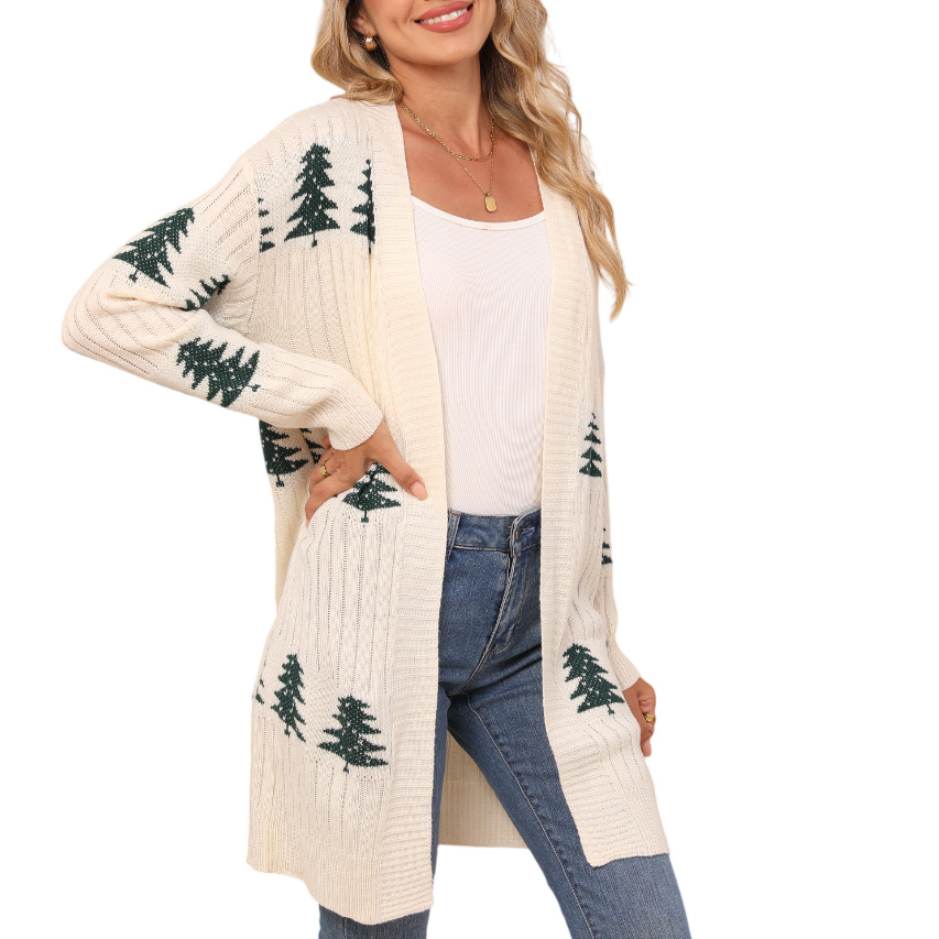 Womens Christmas Tree Pattern Long Cardigan Winter Open Front Knit Sweater